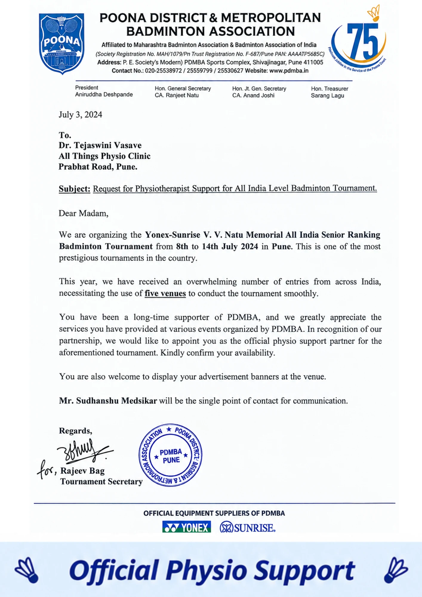Letter from the Poona District & Metropolitan Badminton Association appointing All Things Physio as official physio support partner for the Yonex-Sunrise V. V. Natu Memorial All India Senior Ranking Badminton Tournament, July 2024