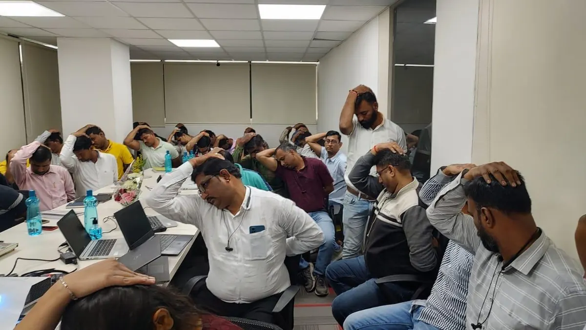Desk stretching session at a corporate wellness workshop