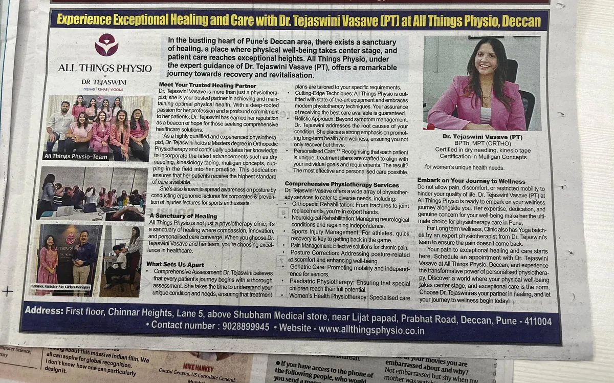 Newspaper feature on healing and care at All Things Physio, Deccan
