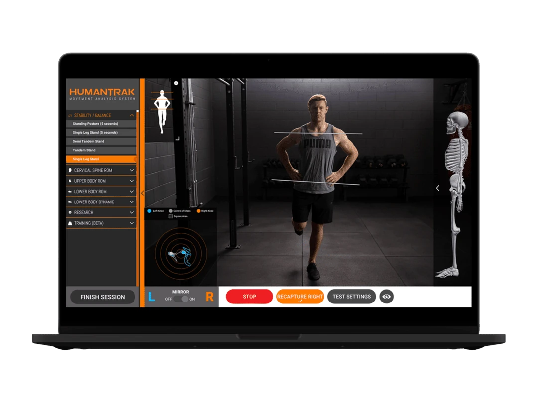 HumanTrak movement analysis software running a single leg stand balance test